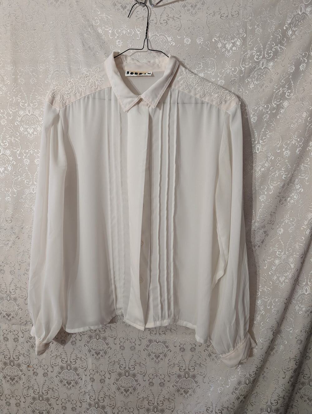 Vtg 80s 90s Jordan Ivory Pleated Front Blouse Floral Lace Shoulder